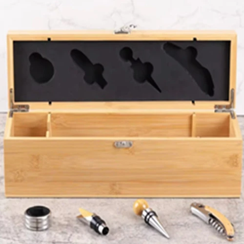 Wooden Wine Box With 4 Pcs Wine Accessories